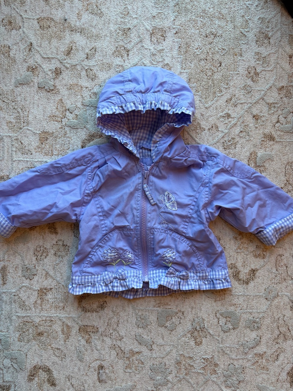 Vintage 90’s Flower Embroidered Ruffled Gingham Trim Zip Up Jacket